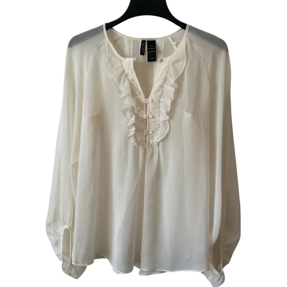 Bisou Bisou Michele Bohbot Cream Ruffled Bib Collar Blouse, Size M